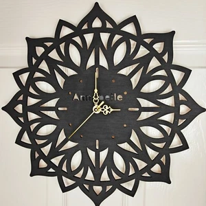 black personalised laser cut engraved wood wooden clock name word number letter - Picture 1 of 3