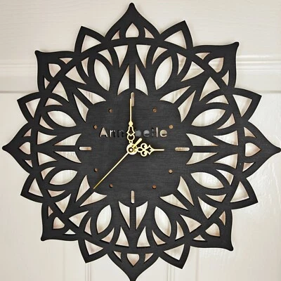 black personalised laser cut engraved wood wooden clock name word number letter - Image 1 of 3