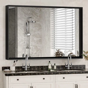 36x30inch Glossy Black Bathroom Mirrors Wall Rectangle Vanity Mirror Corner Hang - Picture 1 of 14