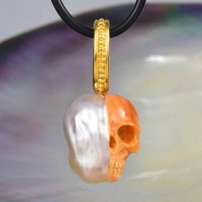 Skull IN Süd See Perle Anhänger Geschnitzter Aprikosenfarben Gehäuse & Vermeil - Bild 1 von 4