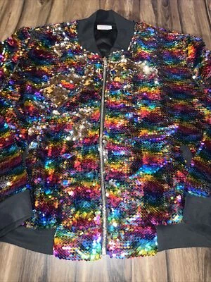 CHAQUETA BOMBER LULAROE ELEGANTE STEVIE Grande 14/16 Lentejuelas Arco Iris Bolsillo con Cremallera Foto 1 de 4