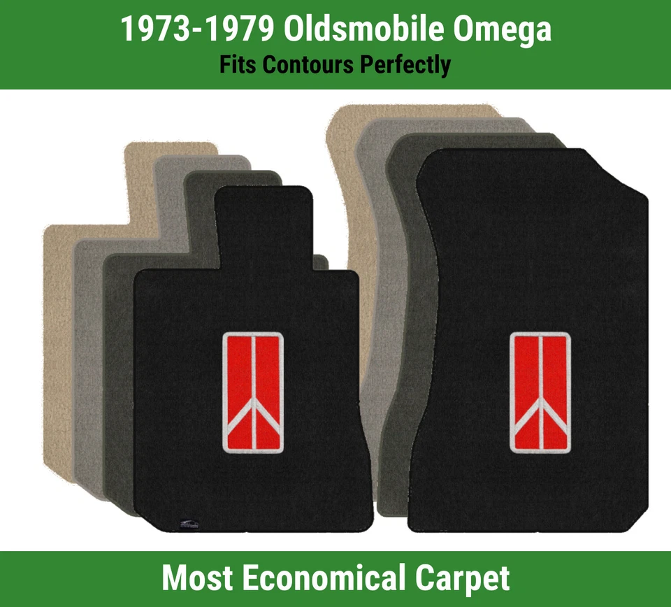 Alfombrillas delanteras Lloyd Velourtex para Oldsmobile Omega 73-79 con emblema Oldsmobile rojo Foto 1 de 4