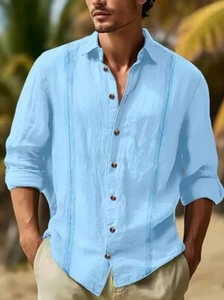 Cotton Blue Men Stylish Loose Fit Long Sleeve Shirt Streetwear - Picture 1 of 4