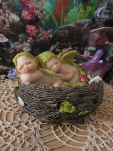 Fairy Garden Baby Fairies Figurine Sleeping in nest Top Land Trading New in Box
