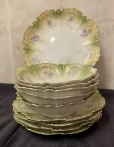 ANT RARE SET 10 GREEN, GOLD & PEACH W/PURPLE FLOWERS 5SAUCERS &5DESSERT PLATES - Picture 1 of 10