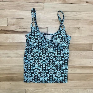 Lands End Tankini Swimsuit Top Size 4 Built In Cups Blue Brown Damask Floral - Picture 1 of 3
