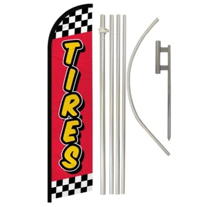 Tires Windless Banner Swooper Advertising Flag Pole Kit Mechanic Red Checkered - Picture 1 of 8