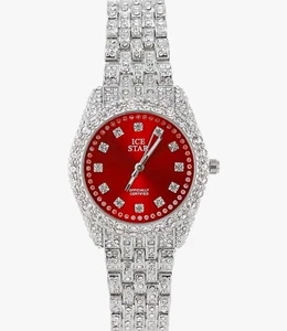 Techno Pave Women's 32mm Iced Out Silver Sleek Diamond Red Dial Watch - Picture 1 of 4