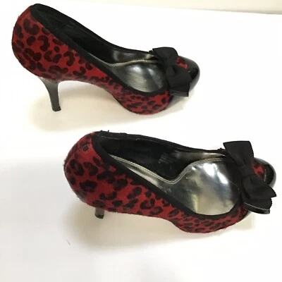 Casa Blanca Mercado Negro Rojo Estampado Animal Tacones Negros Arco Punta Talla 7 M Foto 1 de 4