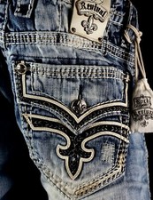 $220 Mens Rock Revival Jeans "Triton" Leather Inserts Faux Boot 31 X 31