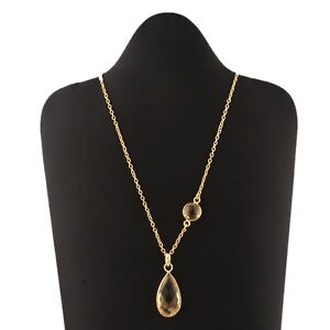 Natural Citrine Quartz Double Stone Yellow Gold Plated Necklace Chain Pendant 