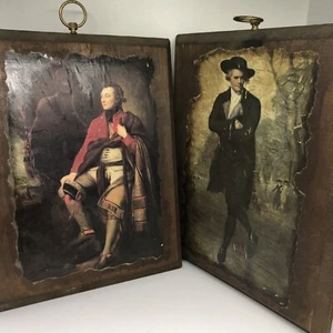 2 Vintage Wood Plaques Gentlemen Indian Pilgrim Print Ready-2-Hang Man Cave Cool - Picture 1 of 12