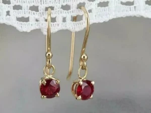 2Ct Round Lab Created Ruby Solitaire Drop Dangle Earrings 14k Yellow Gold Plated - Picture 1 of 6
