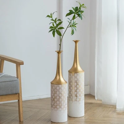 White and Gold Set of 2 Floor Vases Home Decor For Living Room 23.4 / 26 Inch - Image 1 of 4