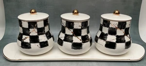 Porcelain Black and White Checked 3 Canister Set w/ Tray - Picture 1 of 5