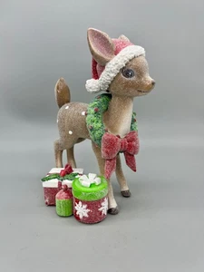 Vintage-Inspired 9" Standing Deer Figurine With Santa Hat Wreath & Bow Glitter F - Picture 1 of 6