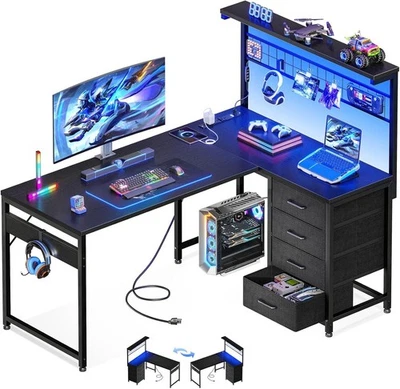 Office Table Reversible Computer Desk L Shaped Gaming Desk w/ Hook & LED Lights - Image 1 of 4