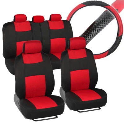 Black/Red Complete Fabric Car Seat Cover Set + Steering Wheel Cover 10pc - Image 1 of 4