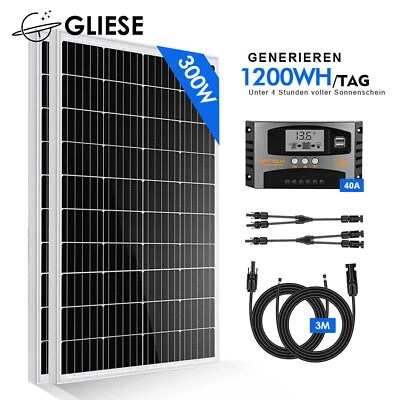 Komplettset 2x150 Watt Solarmodul 300 Watt PV Inselanlage Camping Solarpanel Kit - Bild 1 von 4