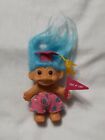 Vintage RUSS Blue Hair TROLL DOLL Graduate PINK Cap &amp; FLAG &quot;Free at Last &quot; 3in.
