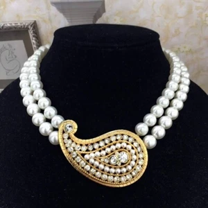 VTG Signed Craft Paisley Necklace Pearl Crystal Designer Rhinestones choker EUC  - Picture 1 of 6