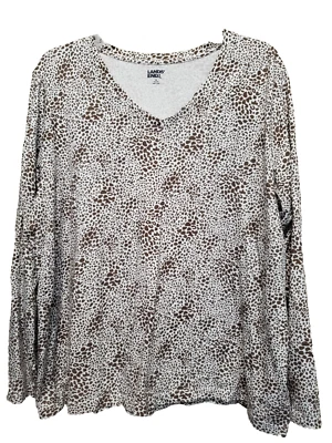 Lands' End Brown Animal Print Cotton V-Neck Long Sleeve T-Shirt Size 1X - Image 1 of 4