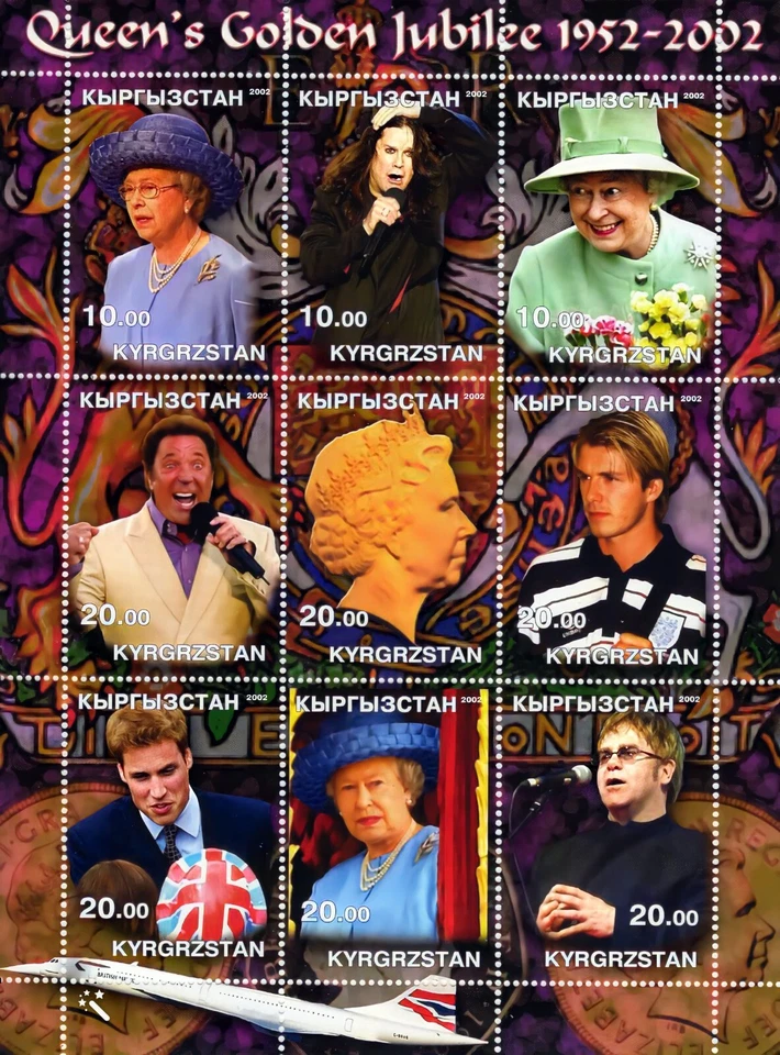 Kirguistán 2002 Jubileo de Oro de la Reina-Tom Jones-David Beckham-Elton Jones Hoja Foto 1 de 1