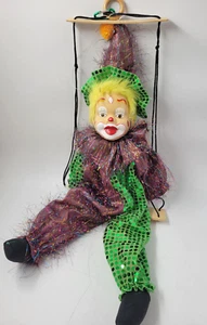 Vintage Creepy Clown Marionette Stringed Puppet Painted Face Circus Sequin - Picture 1 of 10