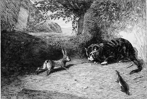 LE CHAT, LE LAPIN et LA BELETTE - Gravure du 19e siècle (d'après Decamps) - Picture 1 of 2