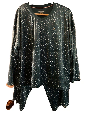 Juego de 2 piezas de pijama de terciopelo punteado blanco verde azulado para mujer Nautica bolsillos plus Foto 1 de 4