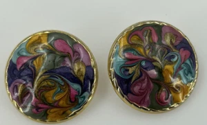 Vintage Multicolor Swirl Enamel Round Button Medallion Earrings Pierced - Picture 1 of 10