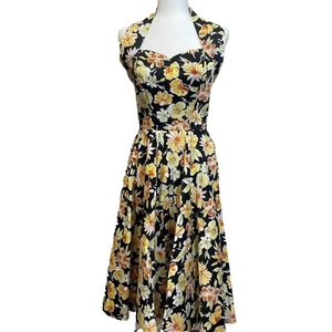 Vestido Vivien of Holloway Negro Amarillo Halter Círculo Reino Unido 12 EE. UU. 8 Pin Up - Imagen 1 de 7