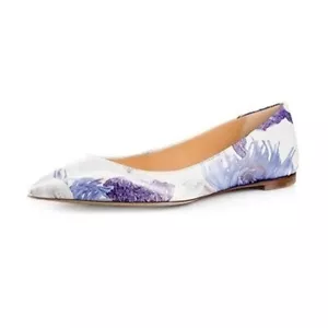 FSJ Women Fresh Floral Printed Flat Pumps Pointed Toe Slip On Party Dress Shoe - Picture 1 of 8