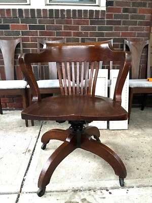 Vintage Gunlocke Solid Wood Banker/Lawyer Chair Swivel Adjustable Recliner Rolls - Image 1 of 3