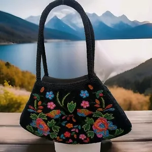 Vtg Bohemian Beaded Floral LG Shoulder Bag Purse Boho Beaded All Around 11.5x8" - Picture 1 of 7