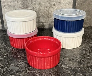 (5) Jobar International Red, White, & Blue Ribbed Ramekins w/(4) Plastic Lids - Picture 1 of 5