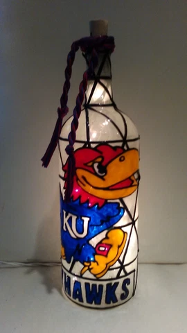 Kansas Jayhawks Inspired Bottle Lamp Stained Glass Look Hand painted Lighted Cover