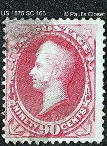 US SC 166 90¢ PERRY CARMINE 1875 USED NO GUM HAND CANCEL FINE/VERY FINE - Picture 1 of 2