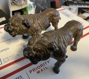 Bronze Bulldogge Skulptur Paar Metall Skulptur Set Antik Bemalt Selten - Bild 1 von 14