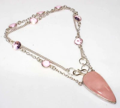 Collar Largo Cuarzo Rosa Kuncita Rosa Chapado en Plata 925 20" Diseño Premium GW Foto 1 de 3