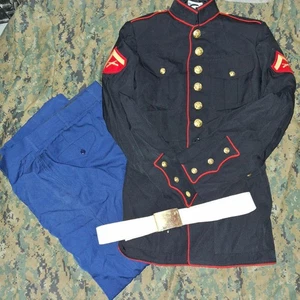 USMC Dress Blue Uniform SET Lance Corporal Gabardine blues blouse 39L 35x32 belt - Picture 1 of 3