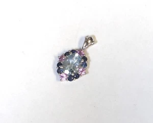 14K Solid White Gold Small Aquamarine & Sapphire Pendant 20mm  1.7 grams - Picture 1 of 9
