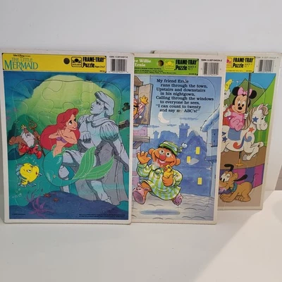 Vintage 1980s Frame Tray Puzzles Lot Of 3 Little Mermaid Sesame Street Disney  - Image 1 of 4