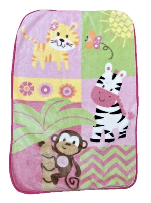 Garanimals Pink Safari Tiger Monkey Zebra Plush Baby Blanket 30x40 - Image 1 of 4