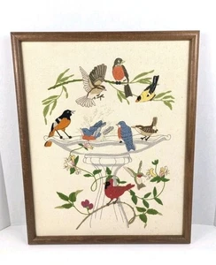 Vtg Crewel Embroidery Framed Bird Bath Birds Cardinal Baltimore Oriole & More - Picture 1 of 20