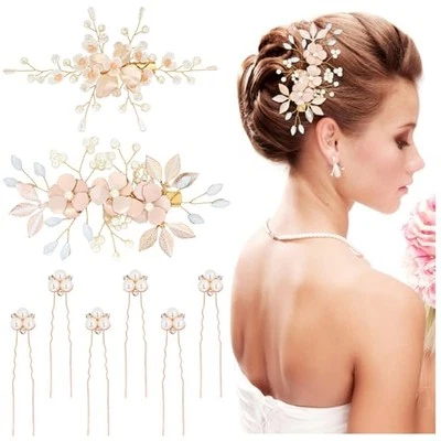 8 Pieces Rose Gold Wedding Bridal Pearl Flower Hair Clips Barrettes+U-shaped  - Image 1 of 4