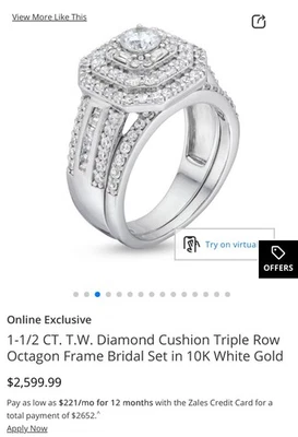 1-1/2 CT. T.W. Juego de novia con marco octágono triple fila cojín diamante en blanco 10K Foto 1 de 2