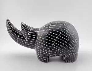 African Hand Carved Soapstone Rhinoceros - Black with White Lines - Picture 1 of 6