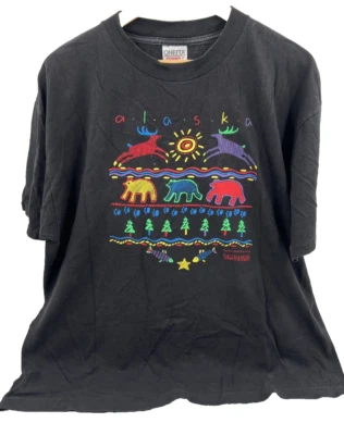 Camiseta De Colección Alaska Tourist Single Stitch XL - 1991 - Colorido Ciervo, Oso, Pez Foto 1 de 4