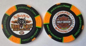 LONE WOLF HARLEY-DAVIDSON Spokane WA Full Color Black/Orange Poker Chip - Picture 1 of 3